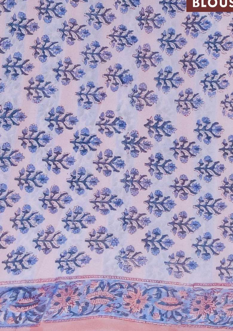 Georgette Saree Pastel Peach And Blue With Allover Block Prints And Printed Border For Women - Indya