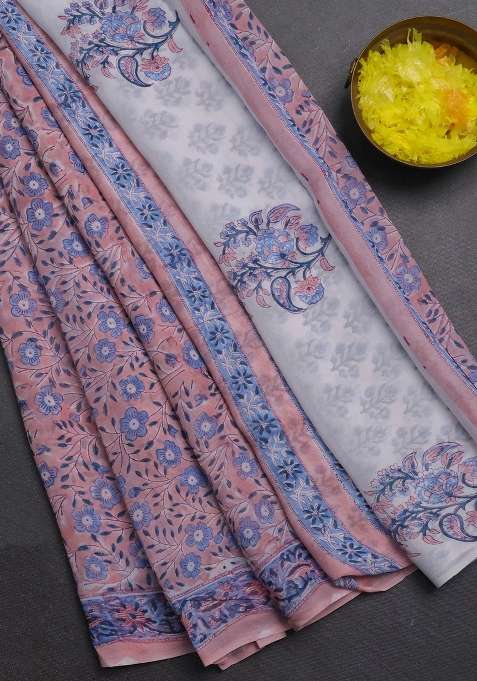 Georgette Saree Pastel Peach And Blue With Allover Block Prints And Printed Border For Women