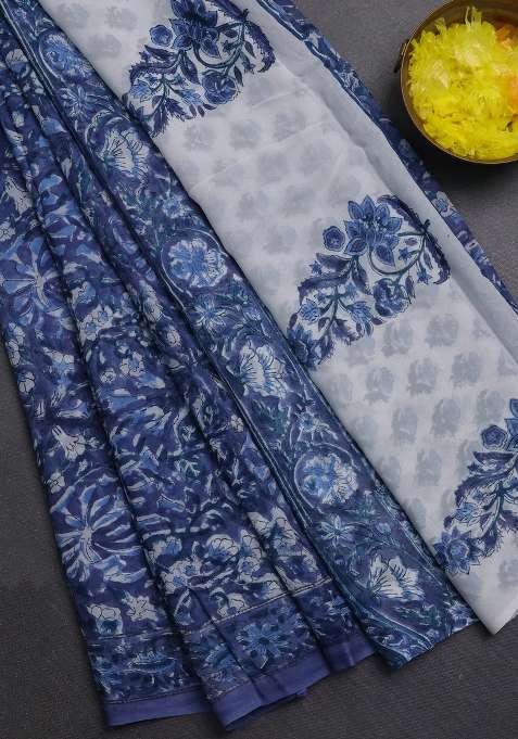 Georgette Saree Blue With Allover Block Prints And Printed Border For Women