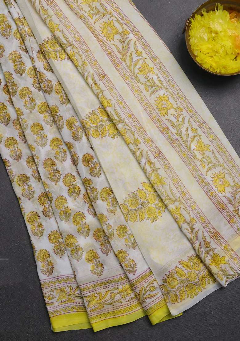 Georgette Saree Off White And Yellow With Allover Floral Butta Block Prints And Printed Border For Women - Indya
