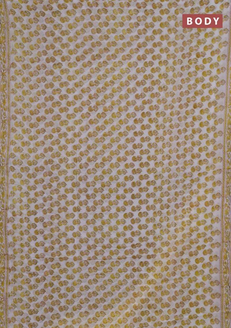 Georgette Saree Off White And Yellow With Allover Floral Butta Block Prints And Printed Border For Women - Indya