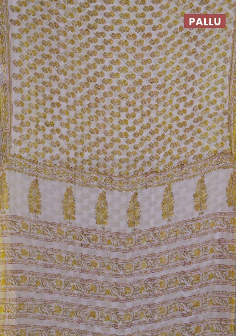 Georgette Saree Off White And Yellow With Allover Floral Butta Block Prints And Printed Border For Women - Indya
