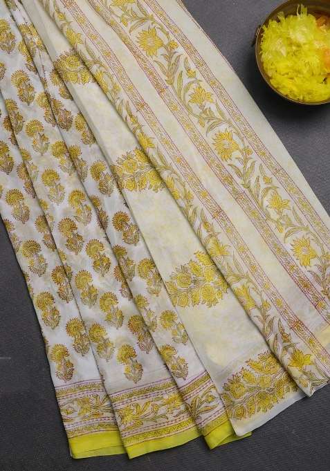 Georgette Saree Off White And Yellow With Allover Floral Butta Block Prints And Printed Border For Women