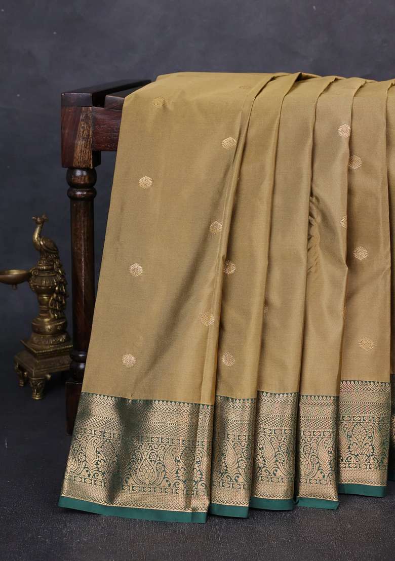Bangalori Silk Saree Sandal And Bottle Green With Zari Woven Buttas And Zari Woven Border With Buttas And Brocade Design For Women - Indya