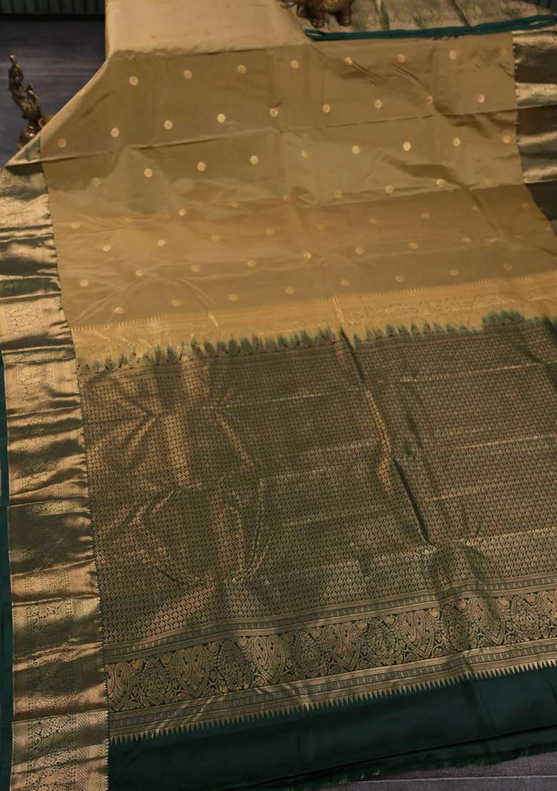 Bangalori Silk Saree Sandal And Bottle Green With Zari Woven Buttas And Zari Woven Border With Buttas And Brocade Design For Women - Indya