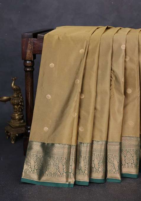 Bangalori Silk Saree Sandal And Bottle Green With Zari Woven Buttas And Zari Woven Border With Buttas And Brocade Design For Women