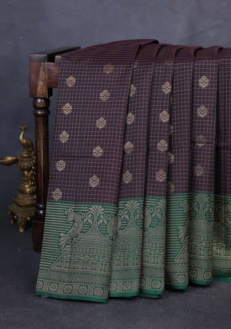 Kanchipuram Soft Silk Saree Black And Green With Allover Zari Checks Buttas And Long Zari Woven Border With Buttas And Brocade Design For Women - Indya