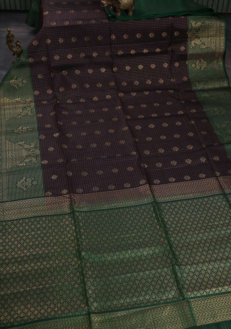 Kanchipuram Soft Silk Saree Black And Green With Allover Zari Checks Buttas And Long Zari Woven Border With Buttas And Brocade Design For Women - Indya