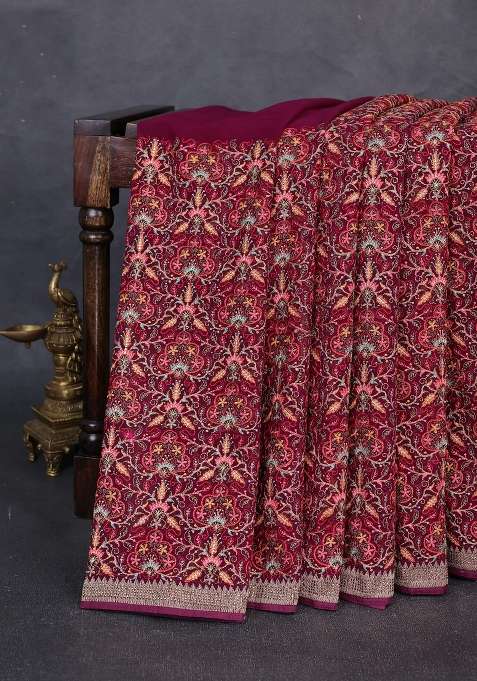 Georgette Saree Deep Wine With Allover Embroidery Stone Work With Embroidered Design For Women