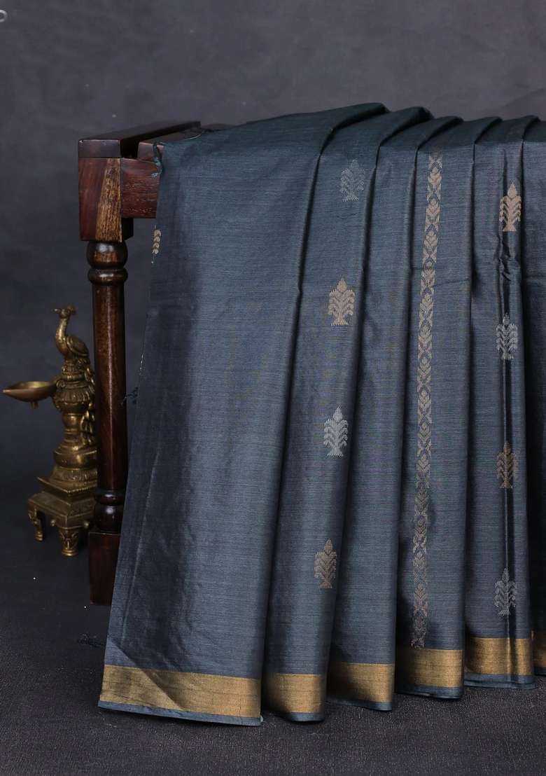 Banana Silk Saree Elephant Grey With Zari Woven Buttas And Zari Woven Border With Buttas And Brocade Design For Women - Indya