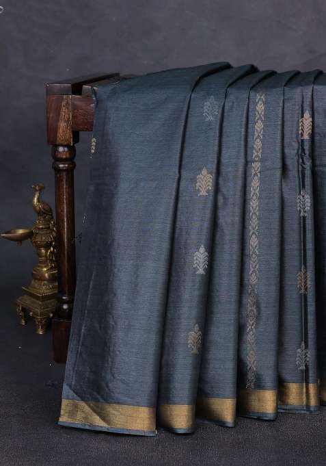 Banana Silk Saree Elephant Grey With Zari Woven Buttas And Zari Woven Border With Buttas And Brocade Design For Women