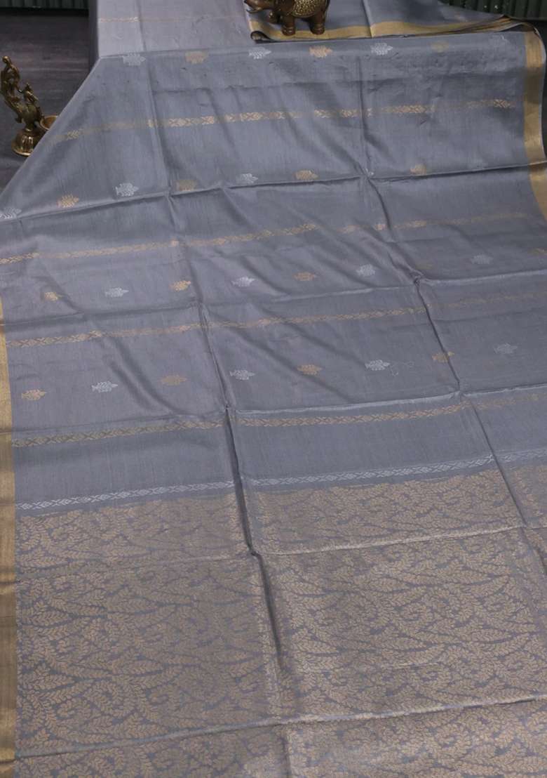 Banana Silk Saree Grey With Zari Woven Buttas And Zari Woven Border With Buttas And Brocade Design For Women - Indya