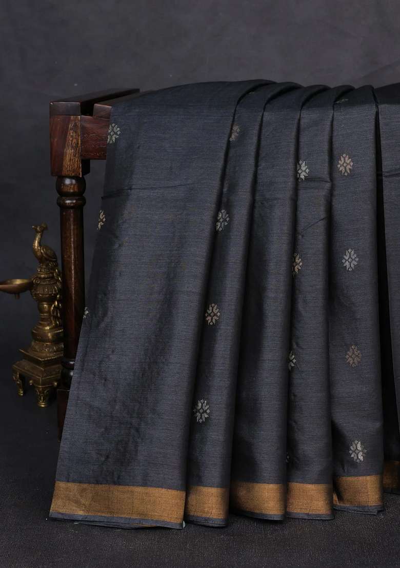 Banana Silk Saree Elephant Grey With Allover Thread Zari Woven Buttas And Zari Woven Border With Buttas And Brocade Design For Women - Indya