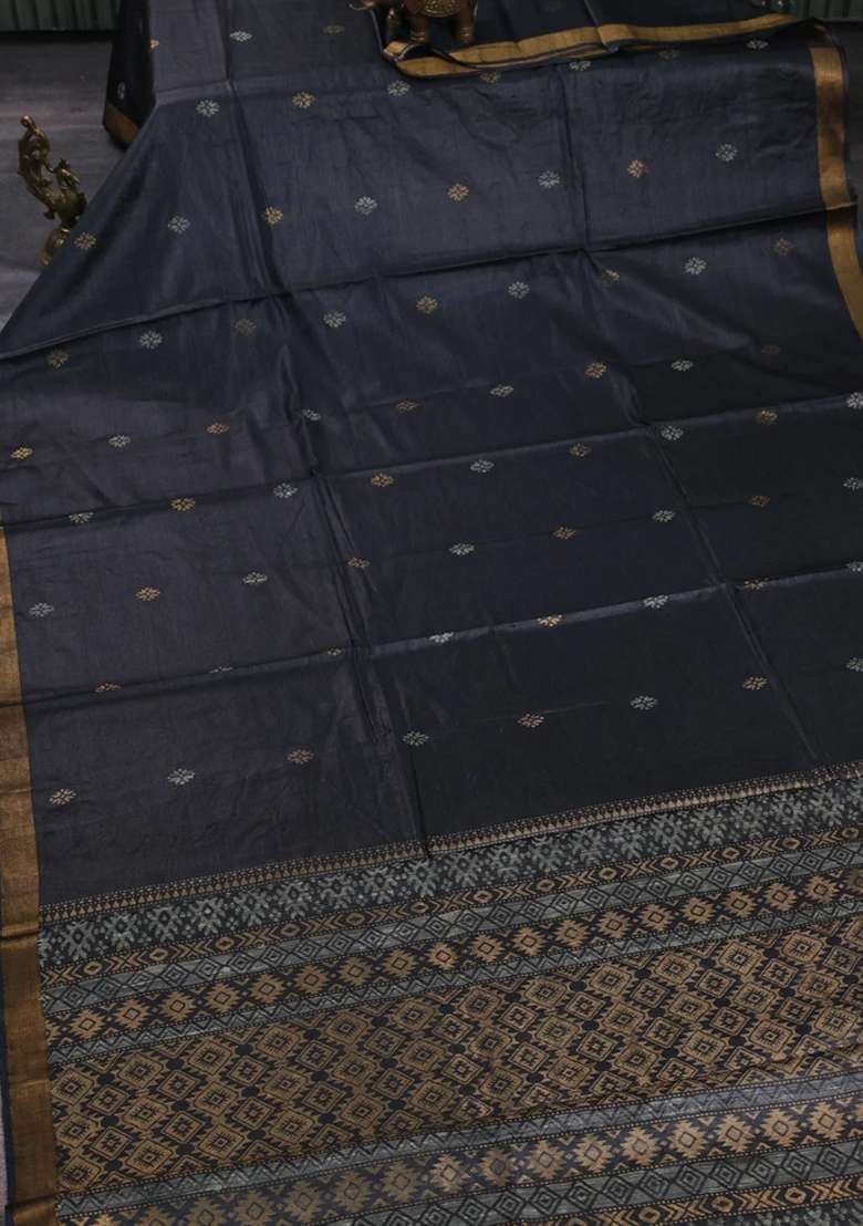 Banana Silk Saree Elephant Grey With Allover Thread Zari Woven Buttas And Zari Woven Border With Buttas And Brocade Design For Women - Indya