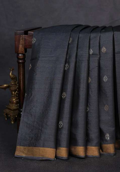 Banana Silk Saree Elephant Grey With Allover Thread Zari Woven Buttas And Zari Woven Border With Buttas And Brocade Design For Women