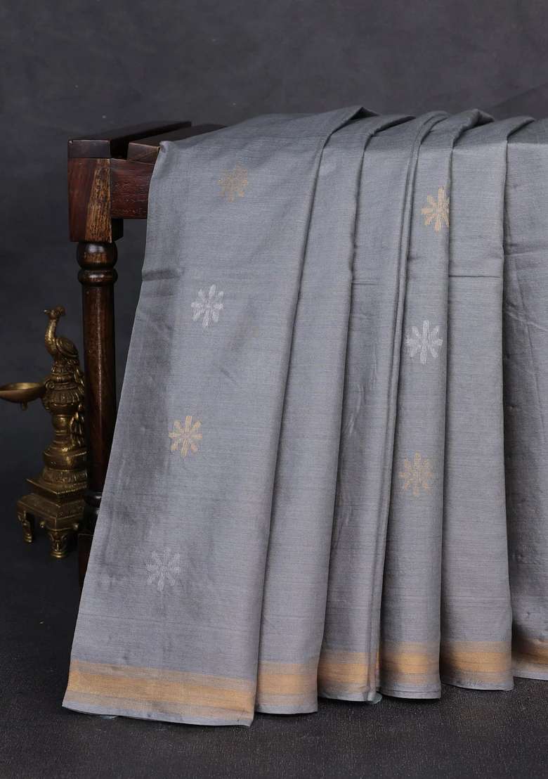 Banana Silk Saree Grey With Silver Gold Zari Woven Buttas And Zari Woven Border With Buttas And Brocade Design For Women - Indya
