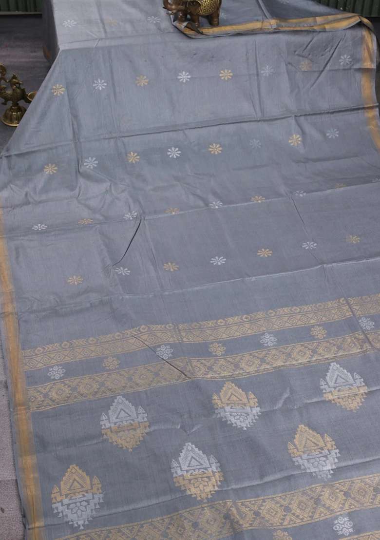 Banana Silk Saree Grey With Silver Gold Zari Woven Buttas And Zari Woven Border With Buttas And Brocade Design For Women - Indya