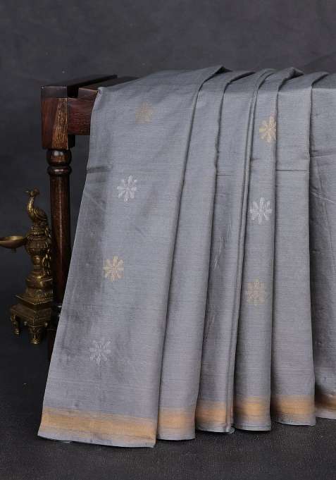 Banana Silk Saree Grey With Silver Gold Zari Woven Buttas And Zari Woven Border With Buttas And Brocade Design For Women