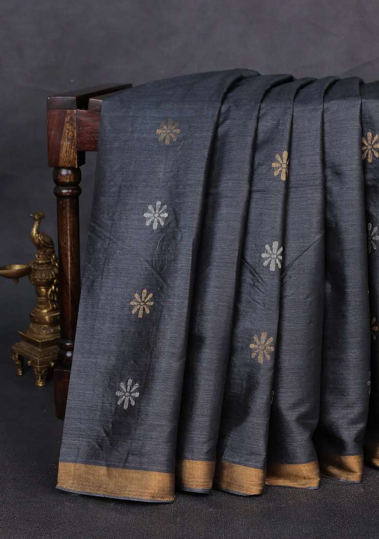 Banana Silk Saree Elephant Grey With Silver Gold Zari Woven Buttas And Zari Woven Border With Buttas And Brocade Design For Women - Indya