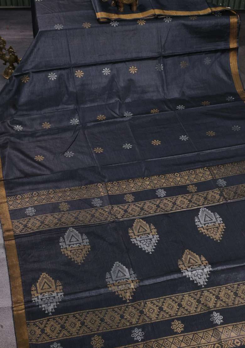 Banana Silk Saree Elephant Grey With Silver Gold Zari Woven Buttas And Zari Woven Border With Buttas And Brocade Design For Women - Indya