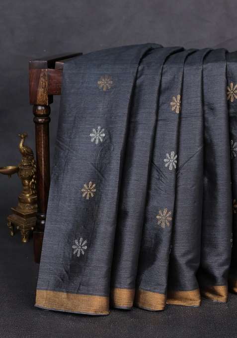Banana Silk Saree Elephant Grey With Silver Gold Zari Woven Buttas And Zari Woven Border With Buttas And Brocade Design For Women