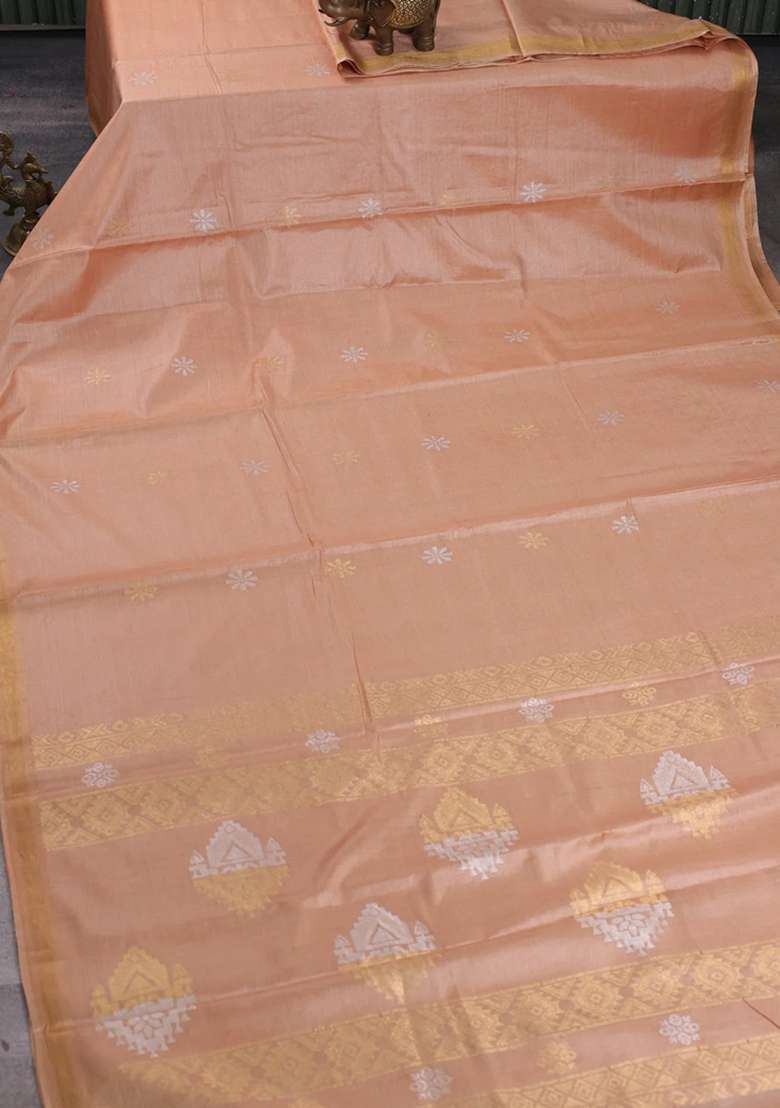 Banana Silk Saree Sandal With Silver Gold Zari Woven Buttas And Zari Woven Border With Buttas And Brocade Design For Women - Indya