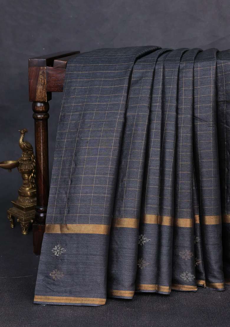 Banana Silk Saree Elephant Grey With Allover Zari Woven Checked Pattern And Zari Woven Butta Border With Buttas And Brocade Design For Women - Indya