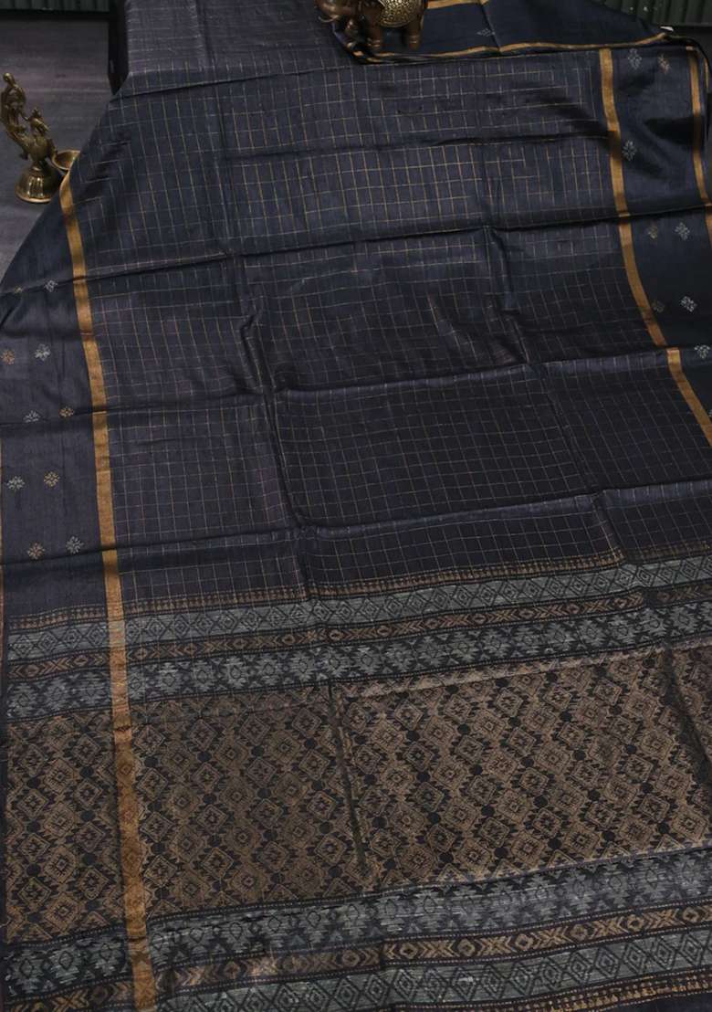 Banana Silk Saree Elephant Grey With Allover Zari Woven Checked Pattern And Zari Woven Butta Border With Buttas And Brocade Design For Women - Indya