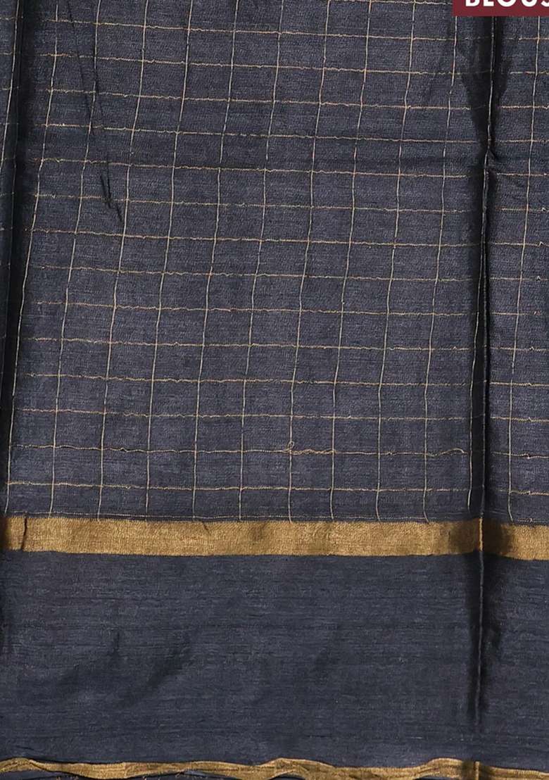 Banana Silk Saree Elephant Grey With Allover Zari Woven Checked Pattern And Zari Woven Butta Border With Buttas And Brocade Design For Women - Indya