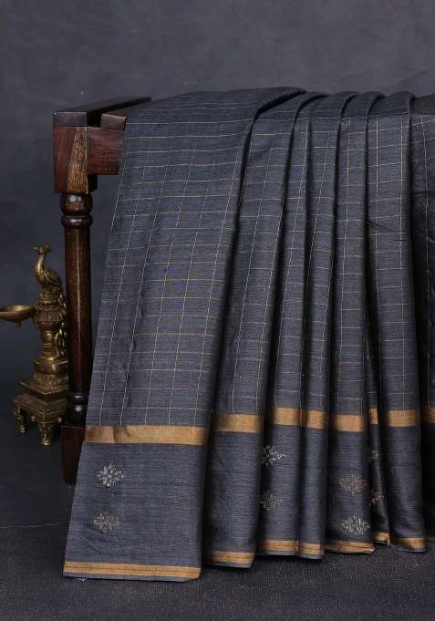 Banana Silk Saree Elephant Grey With Allover Zari Woven Checked Pattern And Zari Woven Butta Border With Buttas And Brocade Design For Women