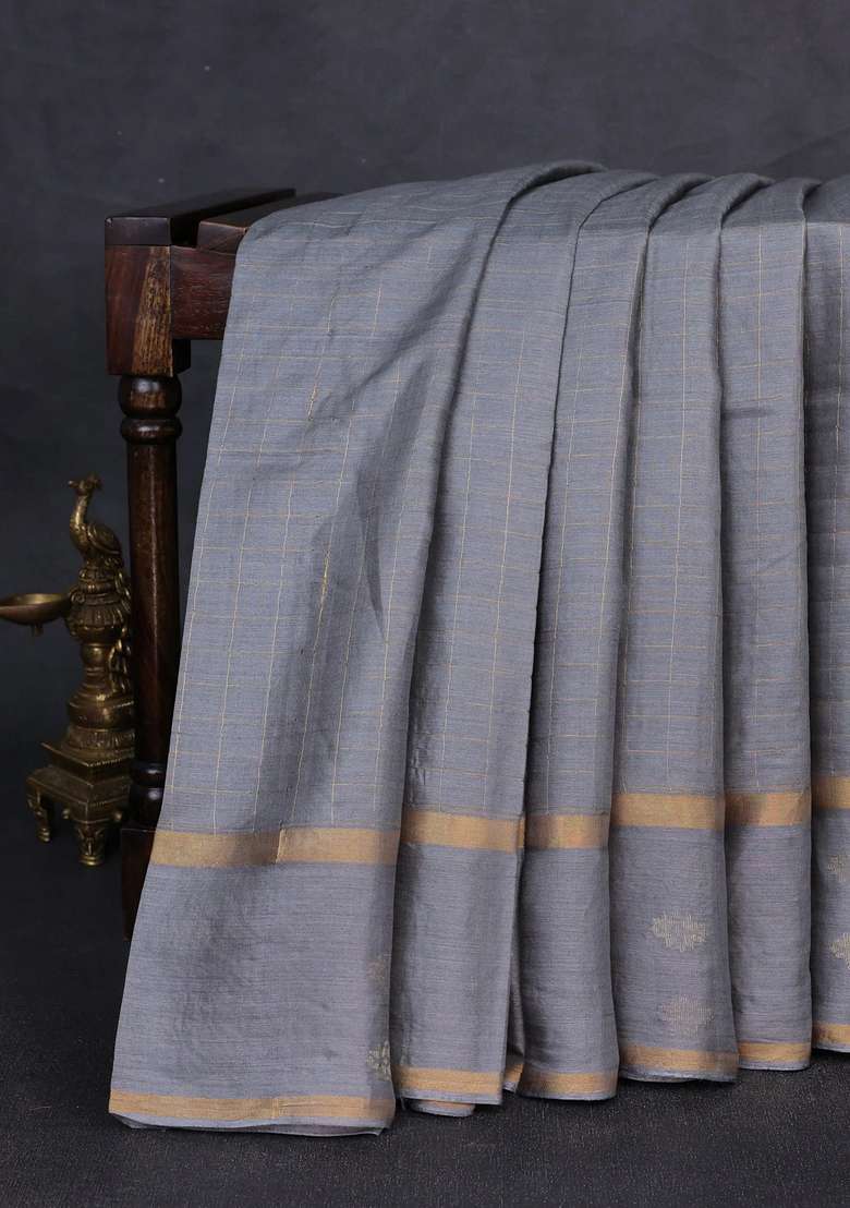 Banana Silk Saree Grey With Allover Zari Woven Checked Pattern And Zari Woven Butta Border With Buttas And Brocade Design For Women - Indya