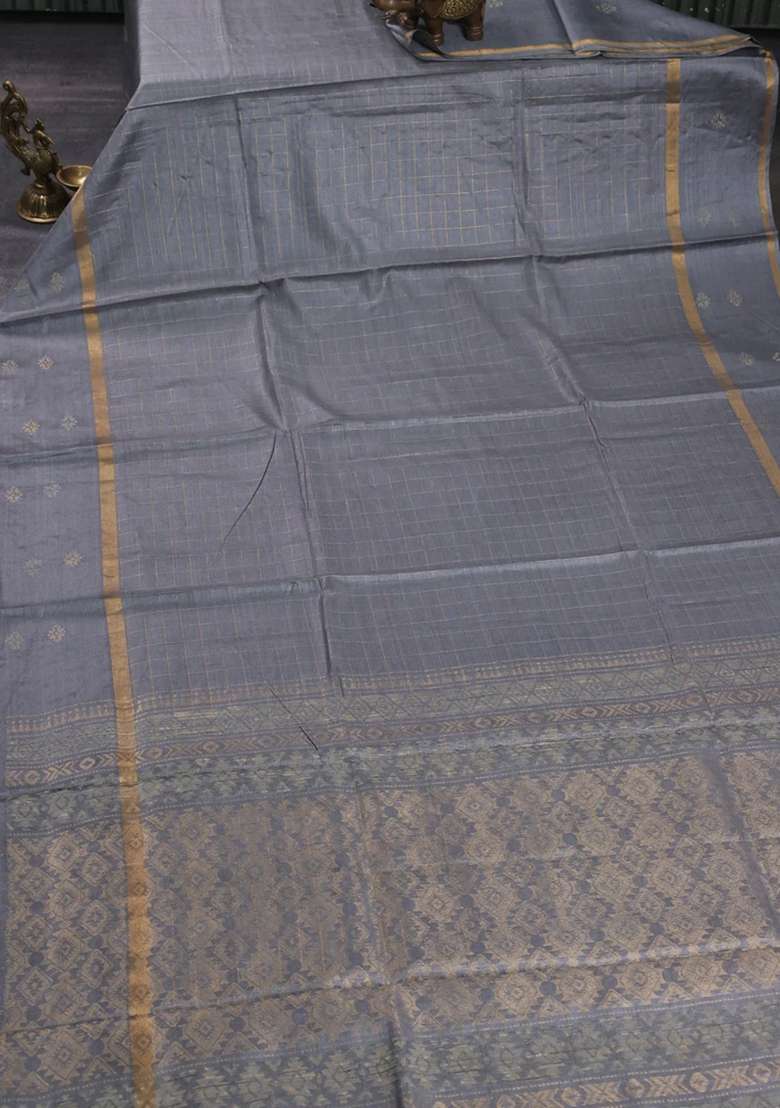Banana Silk Saree Grey With Allover Zari Woven Checked Pattern And Zari Woven Butta Border With Buttas And Brocade Design For Women - Indya