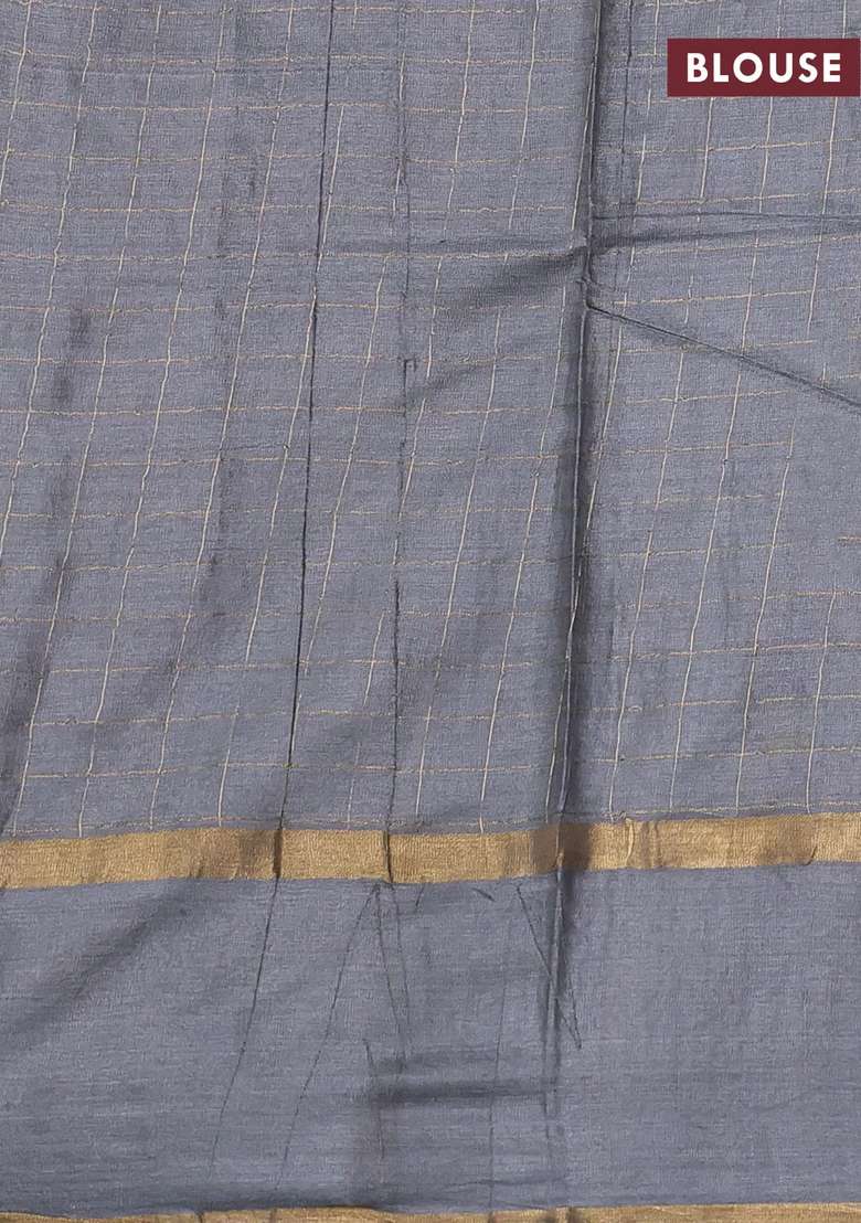Banana Silk Saree Grey With Allover Zari Woven Checked Pattern And Zari Woven Butta Border With Buttas And Brocade Design For Women - Indya