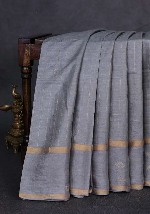 Banana Silk Saree Grey With Allover Zari Woven Checked Pattern And Zari Woven Butta Border With Buttas And Brocade Design For Women