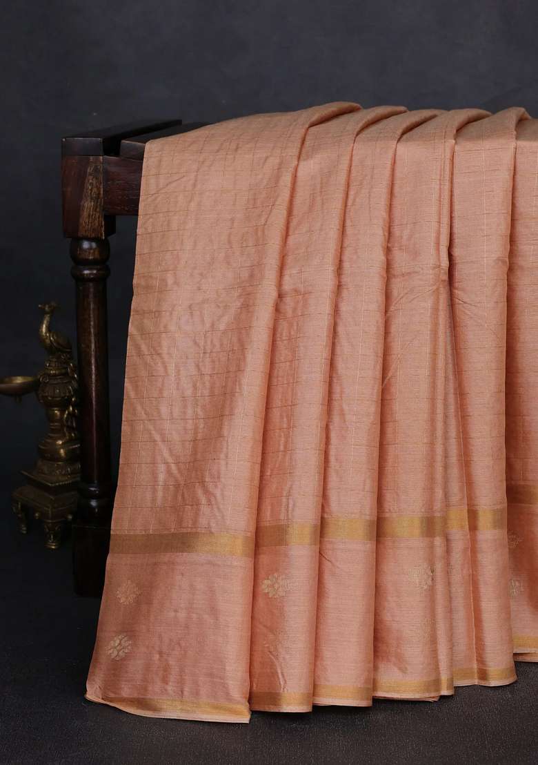 Banana Silk Saree Sandal With Allover Zari Woven Checked Pattern And Zari Woven Butta Border With Buttas And Brocade Design For Women - Indya