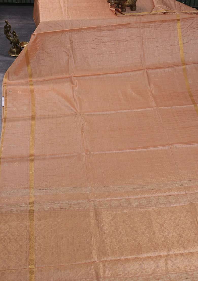Banana Silk Saree Sandal With Allover Zari Woven Checked Pattern And Zari Woven Butta Border With Buttas And Brocade Design For Women - Indya