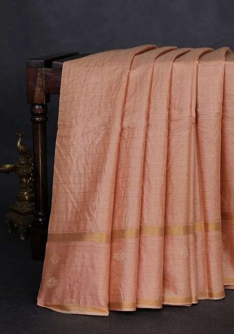 Banana Silk Saree Sandal With Allover Zari Woven Checked Pattern And Zari Woven Butta Border With Buttas And Brocade Design For Women