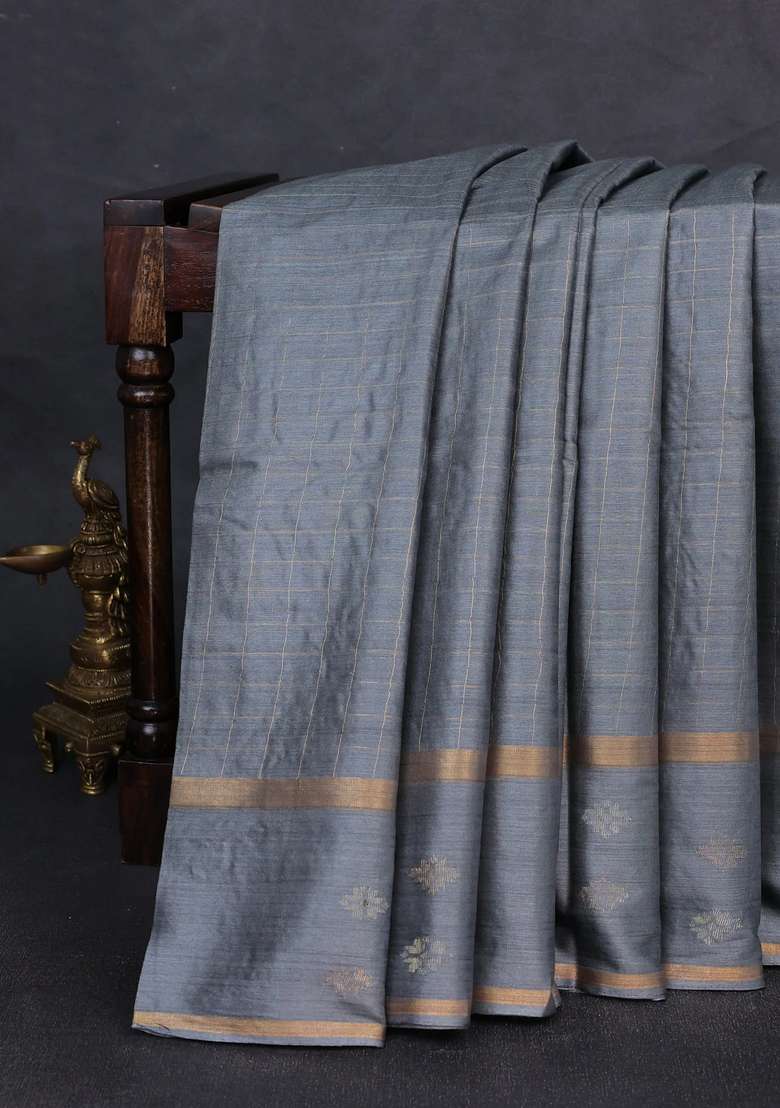 Banana Silk Saree Dark Grey With Allover Zari Woven Checked Pattern And Zari Woven Butta Border With Buttas And Brocade Design For Women - Indya