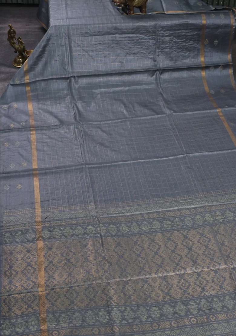 Banana Silk Saree Dark Grey With Allover Zari Woven Checked Pattern And Zari Woven Butta Border With Buttas And Brocade Design For Women - Indya