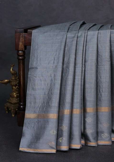 Banana Silk Saree Dark Grey With Allover Zari Woven Checked Pattern And Zari Woven Butta Border With Buttas And Brocade Design For Women
