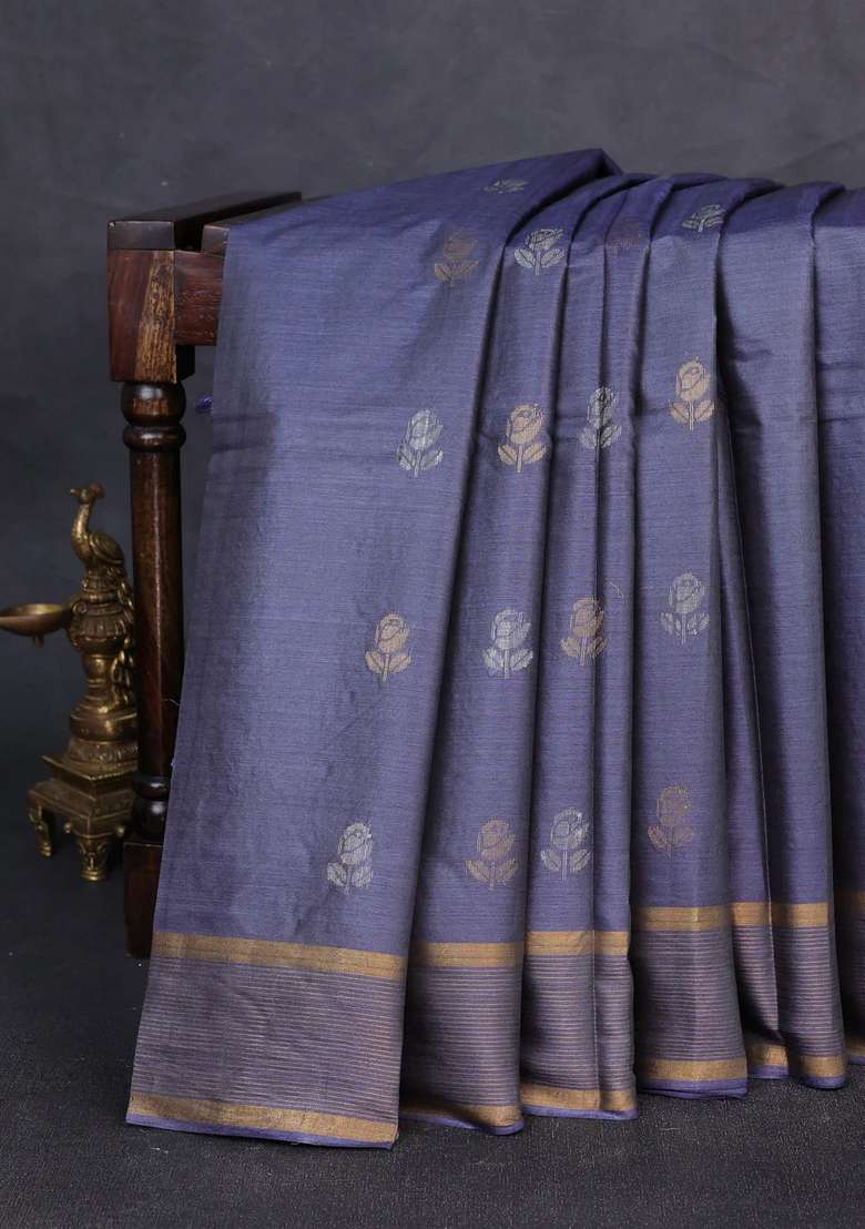 Banana Silk Saree Grey With Thread Zari Woven Buttas And Zari Woven Border With Buttas And Brocade Design For Women - Indya