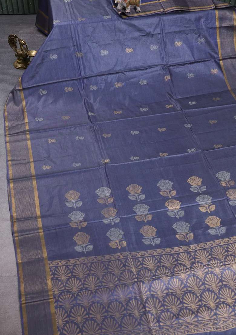 Banana Silk Saree Grey With Thread Zari Woven Buttas And Zari Woven Border With Buttas And Brocade Design For Women - Indya