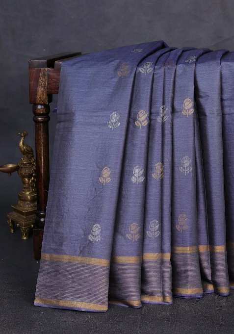 Banana Silk Saree Grey With Thread Zari Woven Buttas And Zari Woven Border With Buttas And Brocade Design For Women