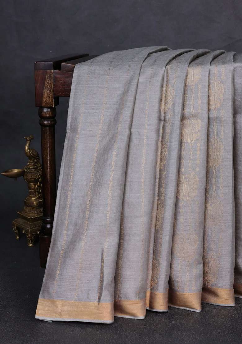 Banana Silk Saree Grey With Allover Zari Weaves And Zari Woven Border With Traditional Woven Design For Women - Indya