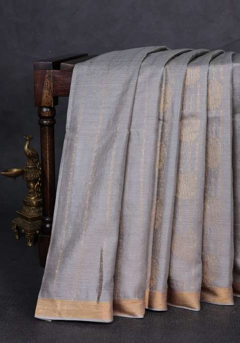 Banana Silk Saree Grey With Allover Zari Weaves And Zari Woven Border With Traditional Woven Design For Women
