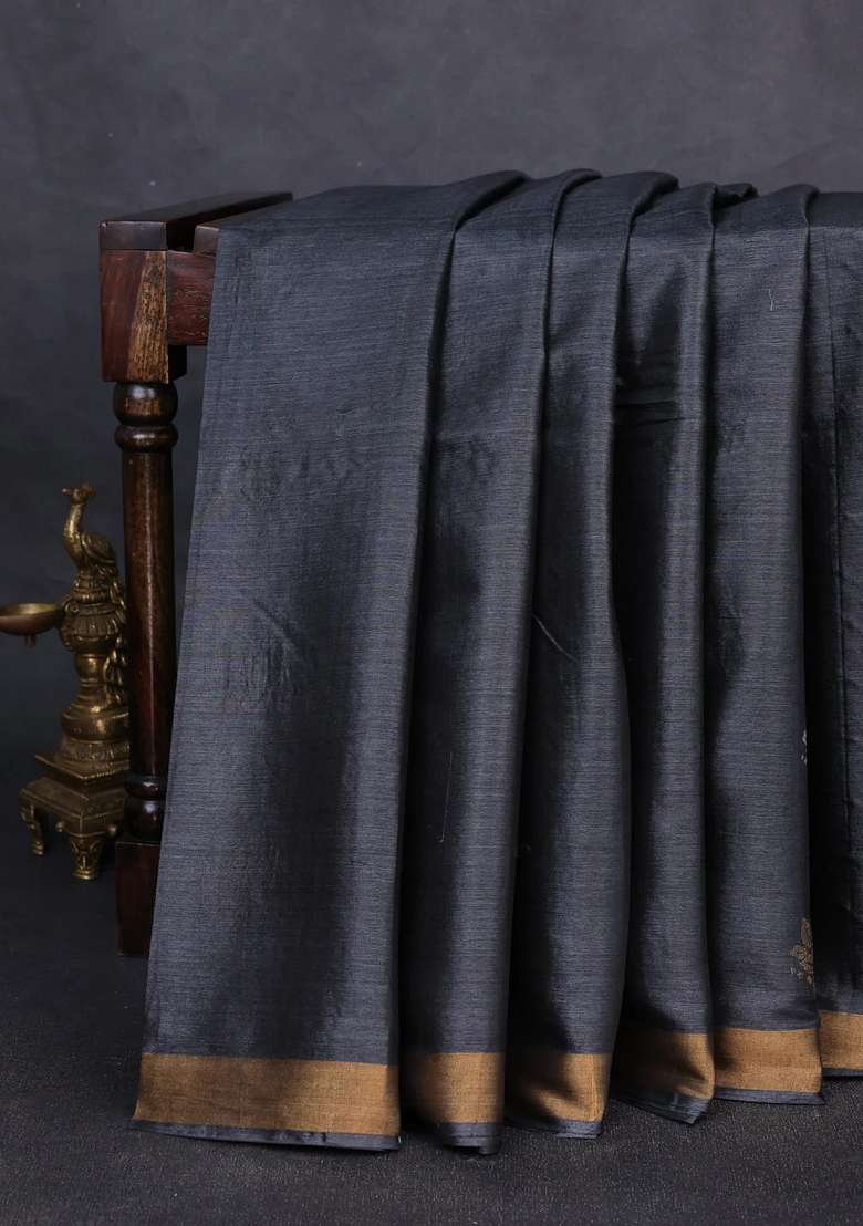 Banana Silk Saree Elephant Grey With Thread Zari Woven Buttas And Zari Woven Border With Buttas And Brocade Design For Women - Indya