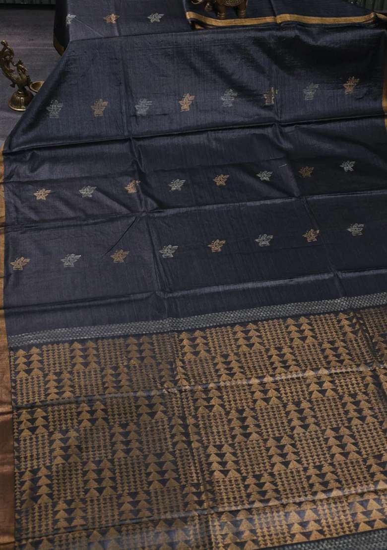 Banana Silk Saree Elephant Grey With Thread Zari Woven Buttas And Zari Woven Border With Buttas And Brocade Design For Women - Indya