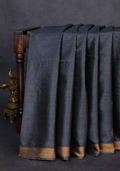 Banana Silk Saree Elephant Grey With Thread Zari Woven Buttas And Zari Woven Border With Buttas And Brocade Design For Women