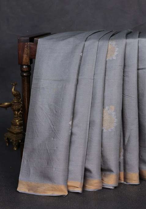 Banana Silk Saree Grey With Silver Zari Woven Buttas And Zari Woven Border With Buttas And Brocade Design For Women