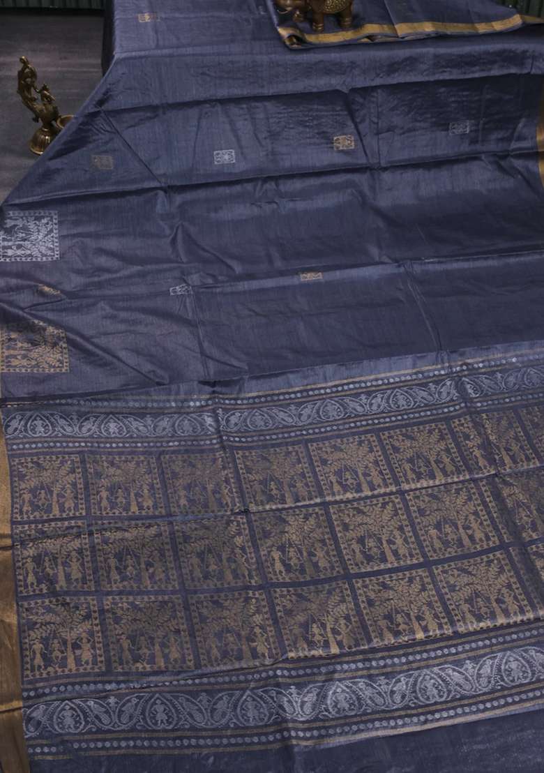 Banana Silk Saree Dark Grey With Silver Gold Zari Woven Buttas And Zari Woven Border With Buttas And Brocade Design For Women - Indya